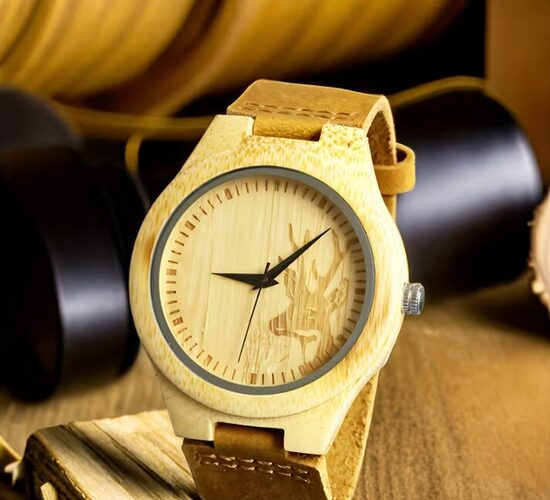 Vintage bambuko vyriškas kvarcinis laikrodis su dirbtiniu odiniu diržu 